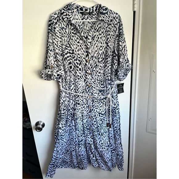 Mlle Gabrielle 2X Blue White Roll Tab Long Sleeve Midi Length Button Down Dress - Picture 1 of 7